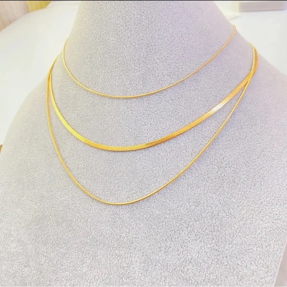 Titanium Steel Layered Herringbone & Snake Chain Tri-Strand Necklace 18k Gold